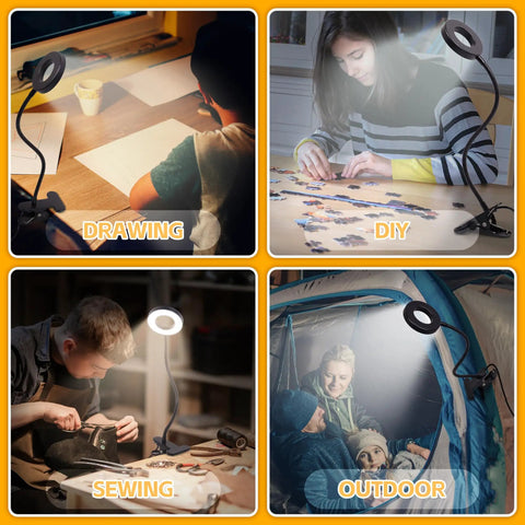 Clip On Led Desk Light With 48 LEDs, USB Powered, illuminating drawing, crafting, sewing, and outdoor activities in each scene.