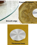 Tempered Glass Round Turntable Rotating Tray detail showing smooth edge, gold pattern, and thickened base.