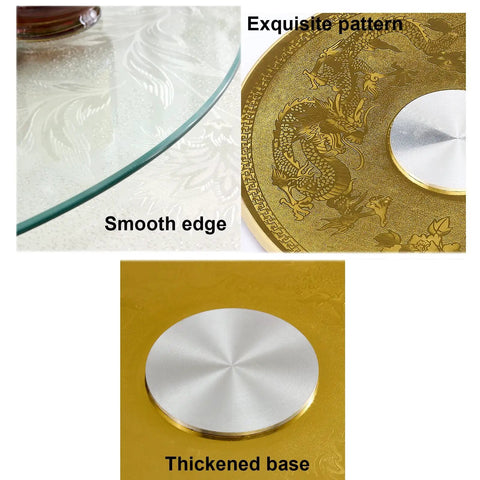 Tempered Glass Round Turntable Rotating Tray detail showing smooth edge, gold pattern, and thickened base.