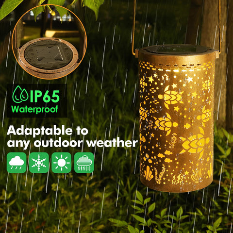 Sea Turtle Solar Lantern Outdoor Light Hanging LED Waterproof Garden Decor For Patio Porch Balcony Yard And Deck, bronze lantern in rain