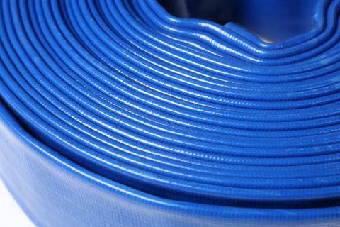 Close-up of Heavy Duty Flat Lay Hose 6 Inch Diameter 300 Feet Long Sump Pump Discharge Backwash PVC Line rolled up.