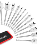 WORKPRO 13-piece spade drill bit set in SAE with metal bits and nylon storage pouch, front view