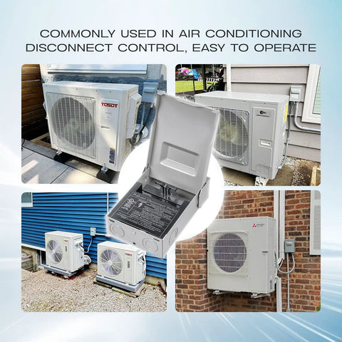 Outdoor AC Disconnect Box 30 Amp 120/240V 2 Pole 1 Phase Waterproof Metal Enclosure showing pull out switch for HVAC units.