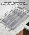 Five Compartment Mesh Silverware Drawer Organizer With Non Slip Foam Feet on kitchen countertop showing measurements for fit