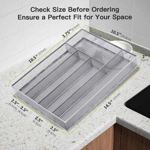 Five Compartment Mesh Silverware Drawer Organizer With Non Slip Foam Feet on kitchen countertop showing measurements for fit