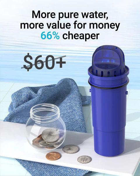 CF10A Water Filter Replacement For Pur Plus Pitcher NSF Certified 4 Pack shown beside coins and fabric on a counter