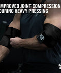 Weightlifting Elbow Wraps 40 Inch 1 Pair Flexible Elbow Compression Straps For Real Joint Support And Solid Stability In Bench Press Powerlifting And Pressing Moves Black being worn by a man during exercise.