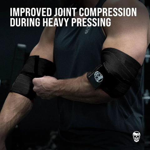 Weightlifting Elbow Wraps 40 Inch 1 Pair Flexible Elbow Compression Straps For Real Joint Support And Solid Stability In Bench Press Powerlifting And Pressing Moves Black being worn by a man during exercise.