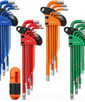 37-Piece Hex Key Set With Ball End Long Arm For SAE And Metric Allen Wrenches, Industrial Grade, colored sets, includes torque handle