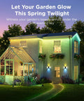 Outdoor LED Strip Lights 98.4 Feet Smart RGBIC Tape Lights illuminating house exterior and garden at dusk, highlighting vibrancy.