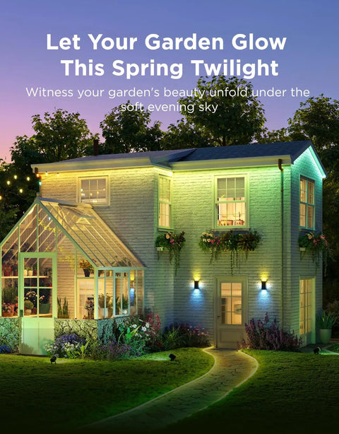 Outdoor LED Strip Lights 98.4 Feet Smart RGBIC Tape Lights illuminating house exterior and garden at dusk, highlighting vibrancy.