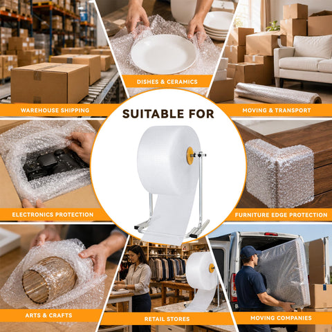 Heavy Duty Manual Bubble Wrap Roll Dispenser For Shipping Supplies Moving Tasks And Small Biz Packing With Safety Cutter And Nonslip Base showcasing use for various packaging needs.