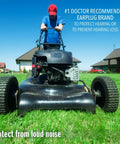Person mowing lawn with protective earplugs, Ultra Soft Foam Earplugs 100 Pairs With 33dB NRR For Sleep, Snoring, Travel, Concerts, Studying.