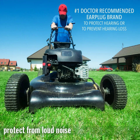 Person mowing lawn with protective earplugs, Ultra Soft Foam Earplugs 100 Pairs With 33dB NRR For Sleep, Snoring, Travel, Concerts, Studying.