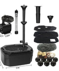 All In One Pond Filtration Kit With 18W UV Light And 660 GPH High Flow Pump showing parts and dimensions for pond use