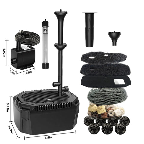 All In One Pond Filtration Kit With 18W UV Light And 660 GPH High Flow Pump showing parts and dimensions for pond use