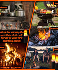 Collage of fire uses: wood stove, fire pit, charcoal grill, fireplace, campfire with Char Cloth Fire Starter Refills For Bushcraft And Outdoor Survival Eight Rolls Quick Ignite In 0.5 To 3 Seconds Hand Made Emergency Fire Starter For Camping Hunting And Outdoors Prepper Favorite.