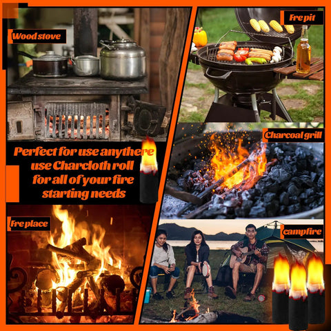 Collage of fire uses: wood stove, fire pit, charcoal grill, fireplace, campfire with Char Cloth Fire Starter Refills For Bushcraft And Outdoor Survival Eight Rolls Quick Ignite In 0.5 To 3 Seconds Hand Made Emergency Fire Starter For Camping Hunting And Outdoors Prepper Favorite.