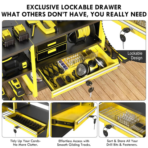 Power Tool Organizer Wall Mount With Locking Drawers, Grinder Holder, Hammer And Pliers Rack, Built In Six AC Outlets Charging Station.