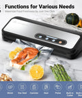 Powerful 90KPa 8-in-1 Food Vacuum Sealer sealing salmon and vegetables, built-in cutter, roll storage, one-touch modes visible