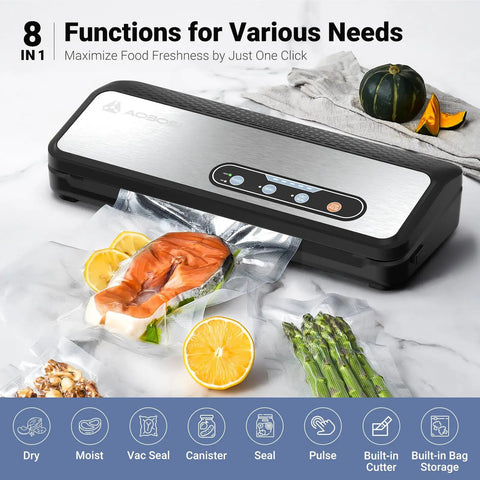 Powerful 90KPa 8-in-1 Food Vacuum Sealer sealing salmon and vegetables, built-in cutter, roll storage, one-touch modes visible
