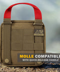 Front view of Everlit tactical first aid kit pouch, tan nylon with red carry handle, MOLLE-compatible