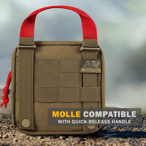 Front view of Everlit tactical first aid kit pouch, tan nylon with red carry handle, MOLLE-compatible