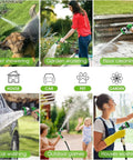FlexiSolve garden hose, green 150 ft with adjustable spray nozzle; collage of garden watering, car washing, and pet showering