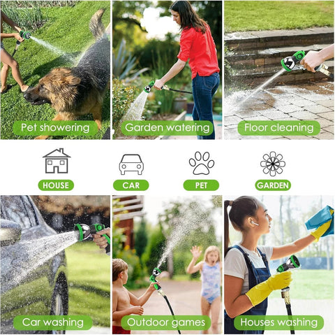 FlexiSolve garden hose, green 150 ft with adjustable spray nozzle; collage of garden watering, car washing, and pet showering