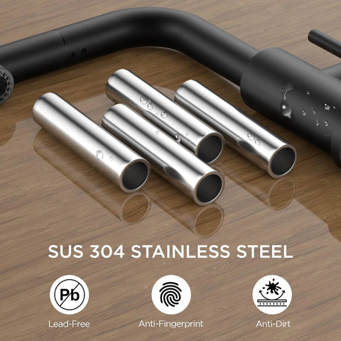 Close-up of SUS 304 stainless steel tubes with droplets and matte black faucet showcasing Top Shelf Compact Kitchen Faucet With Pull Down Sprayer And Rock Solid Stainless Steel Build Matte Black Finish Heavy Duty Design For Tiny Countertops.