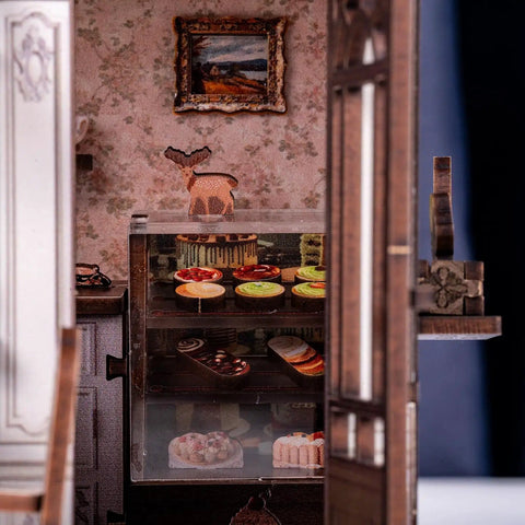DIY Miniature Coffee Shop Kit With LED Light For Adults Teens And Kids, 3D Wooden Puzzles, Dollhouse Craft Kit interior view