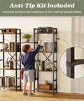 Super Solid Four Tier Bookshelf With Eleven Open Shelves And Hella Spacious Rustic Brown Frame Nifty Everyday Storage Solution For Living Room Books Photos And Cozy Home Decor with safety anti-tip kit.