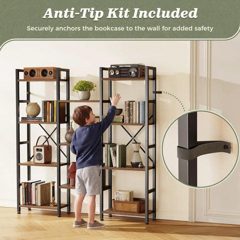 Super Solid Four Tier Bookshelf With Eleven Open Shelves And Hella Spacious Rustic Brown Frame Nifty Everyday Storage Solution For Living Room Books Photos And Cozy Home Decor with safety anti-tip kit.