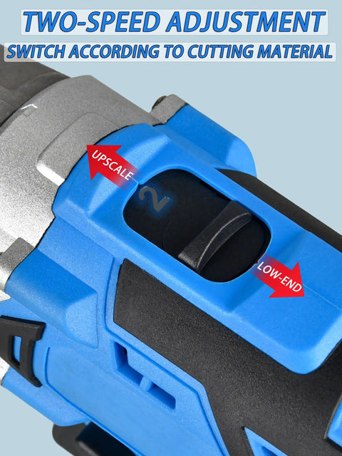 Two-speed adjustment switch on Powerful Cordless Electric Metal Shears With Rechargeable Battery And Adjustable Speed for metal cutting.