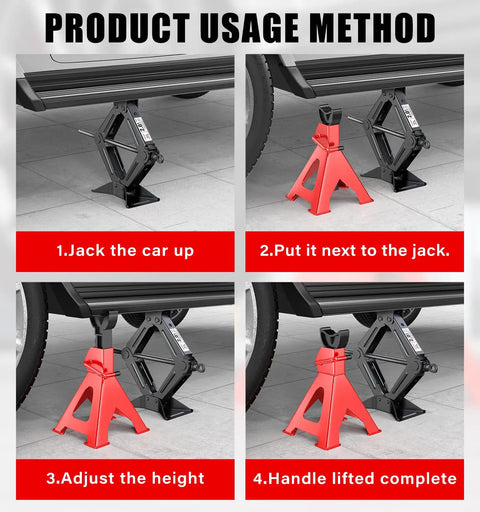Usage method for Heavy Duty Red Jack Stands Set 3 Ton Capacity 6000 Lbs Self Locking Ratchet Steel Pyramid Base Adjustable Height