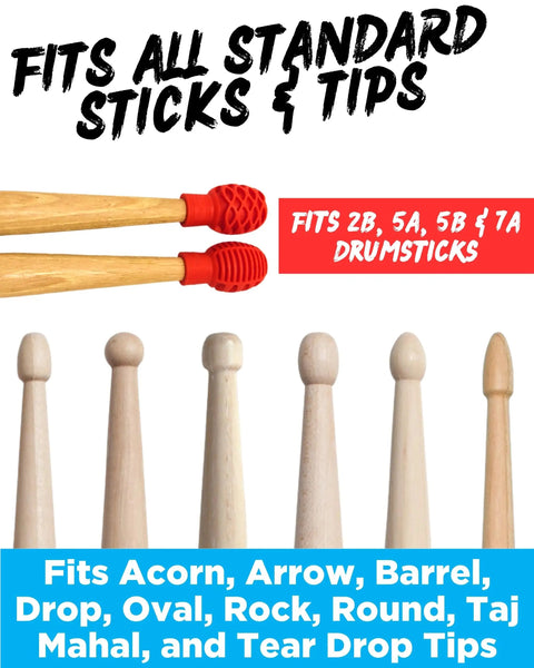 Silicone Drumstick Dampeners Replace Pads Quiet Practice Mute Tips 4 Pack fits various drumstick types with red silicone tips.