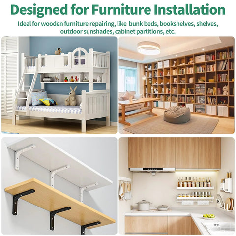 Furniture installation collage: four scenes white bunk bed, living room with bookshelves, wall brackets, modern kitchen.