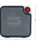Front view of Desk-Friendly 250W Personal Space Heater For Desks And Small Rooms with dimensions, featuring a red power button.