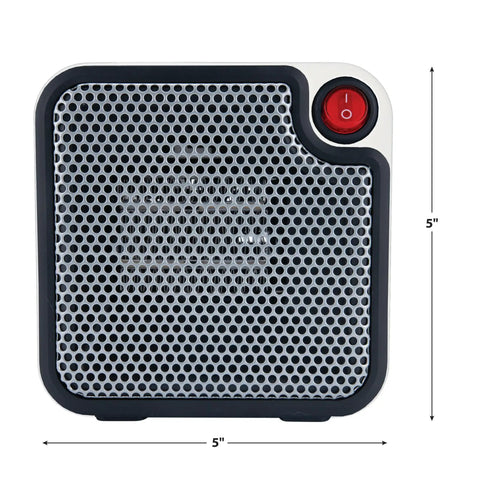 Front view of Desk-Friendly 250W Personal Space Heater For Desks And Small Rooms with dimensions, featuring a red power button.