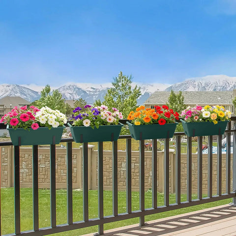 Four Pack Adjustable Railing Planter Boxes 16.9 Inch Window Flower Boxes With Metal Brackets For Balcony Fence Deck No Fuss Easy Install Indoor Outdoor Use Fits Railings Up To 4.9 Inches Detachable Support System Green