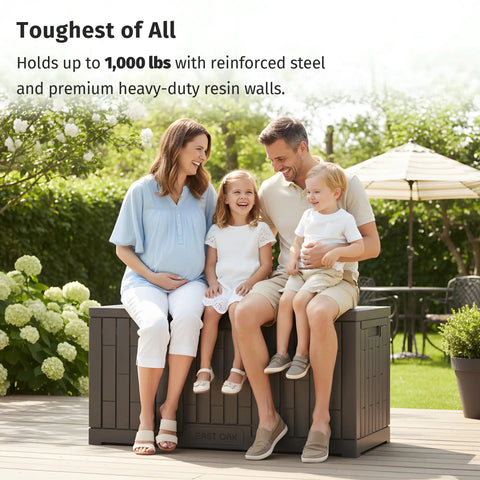 Family sitting on 120 Gallon Outdoor Storage Box For Patio And Backyard Heavy Duty Resin Deck Box Built To Last With Reinforced Stainless Steel Support Waterproof And UV Resistant Weatherproof Storage For Cushions Garden Tools And Pool Accessories Grey on patio