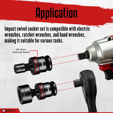 Three-Eighths Inch Drive Shallow Impact Universal Joint Socket Set, 15-Piece, Metric Swivel Sockets on electric wrench