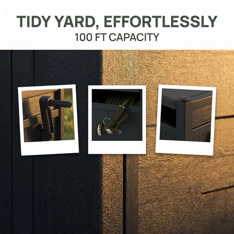 Hideaway Garden Hose Reel Storage Box for 100ft 5/8 inch hose resin outdoor container with handle and side details
