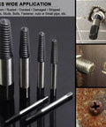 6 Piece Stripped Screw Extractor And Damaged Bolt Remover Set For DIYers With Left Hand Spiral Removal Tool Kit In Portable Storage Case displays 5 extractors and applications on various screws and fasteners.