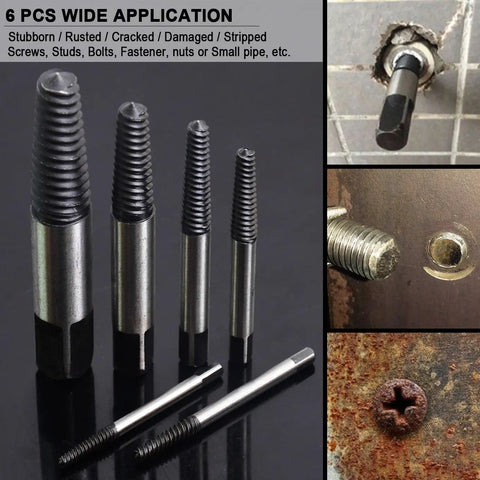 6 Piece Stripped Screw Extractor And Damaged Bolt Remover Set For DIYers With Left Hand Spiral Removal Tool Kit In Portable Storage Case displays 5 extractors and applications on various screws and fasteners.