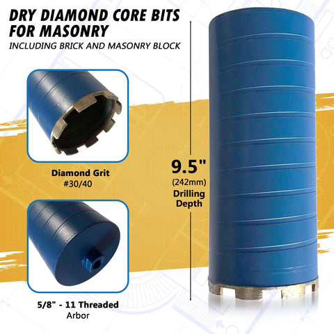 6 Inch Dry Diamond Core Drill Bits For Brick Block Or Masonry With 9.5 Inch Drilling Depth And Arbor Size Five Eighth Inch Eleven Thread For Efficient Heavy Duty Masonry Drilling Grit Size 30 40 shown in blue.