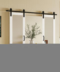 Mirrored Barn Door Set 64x84 Inches With Two 32x84 Mirror Panels Sliding Hardware Kit Included Pre Drilled Double Door Slab Decorative Full Length Mirror Insert In White MDF For Space Saving Interior Doors installed in room
