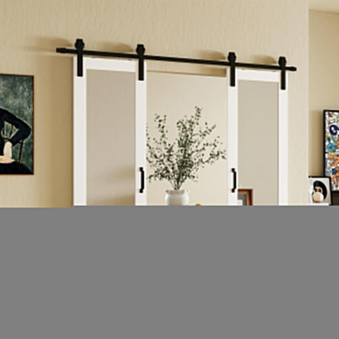 Mirrored Barn Door Set 64x84 Inches With Two 32x84 Mirror Panels Sliding Hardware Kit Included Pre Drilled Double Door Slab Decorative Full Length Mirror Insert In White MDF For Space Saving Interior Doors installed in room