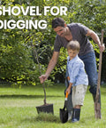 Man and child using 28 Inch Round Shovel With D Handle For Garden Beach Camp Use Fiberglass Handle Workhorse Tool For Transplanting