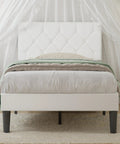 Front view of Twin Size Upholstered Platform Bedframe With Iconic Button Tufted Linen Headboard, featuring memory foam cushioning.